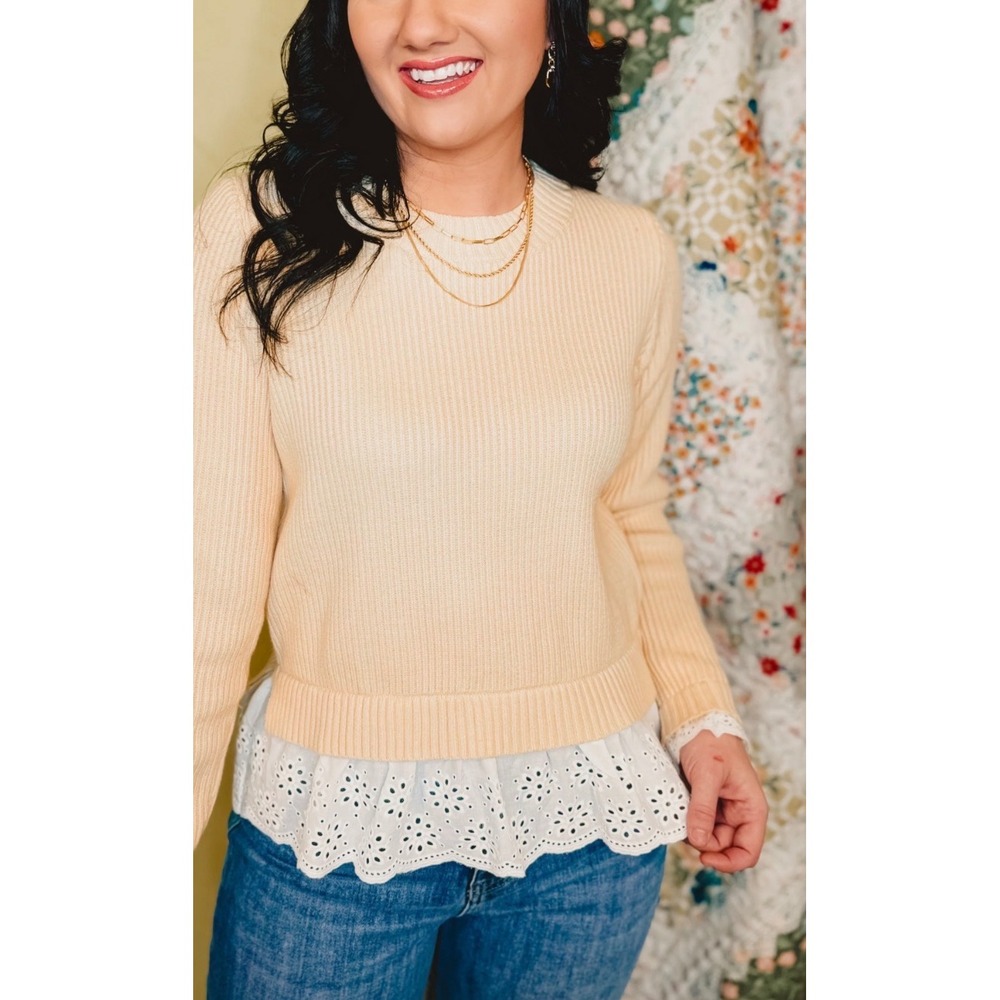 Anniewear Sz L Embroidered Eyelet Lace Ribbed Cozy Pullover Sweater Fall Layerin - Picture 3 of 11